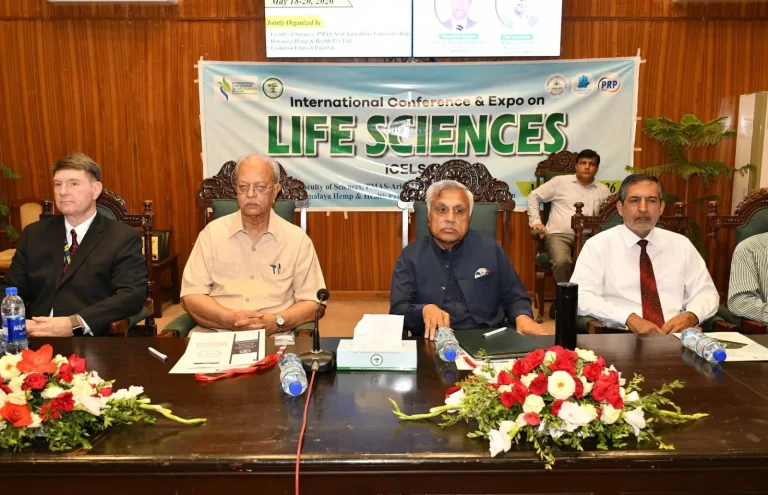 Chief guest and international delegates at the head table under the ICELS-26 banner: International Conference & Expo on Life Sciences, 18 to 20 May 2026, jointly organised by the Faculty of Sciences PMAS Arid Agriculture University Rawalpindi, Himalaya Hemp & Health and Evolution EduTech Pakistan