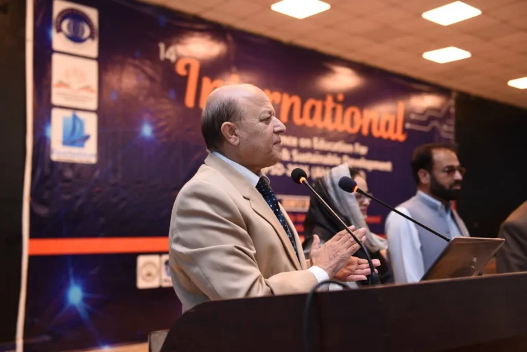 Chief guest speaking from the rostrum at the 14th ICEPSD-25 in Abbottabad