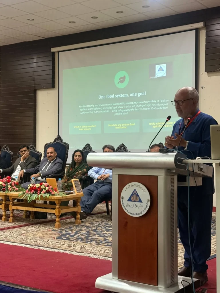 Keynote speaker presenting the "One food system, one goal" session at ICFAS-26 in Gilgit