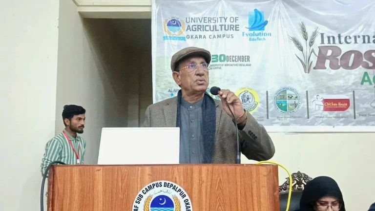 Chief guest speaking from the rostrum during the IRWACE-25 opening session in Okara