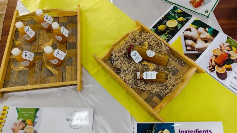 Immunity booster shots presented on wooden trays at the IRWACE-25 Agriculture Expo